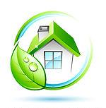 Clipart Illustration Of A Vine With A Green Leaf Circling A White House With A Chimney And Green Roof by beboy