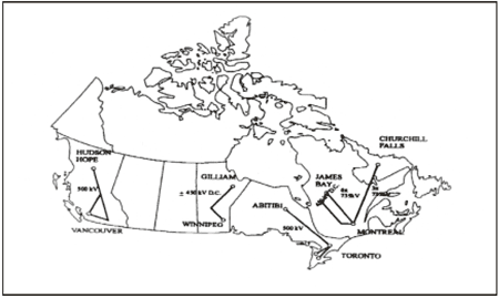 Map of High voltage, long distance transmission lines in Canada