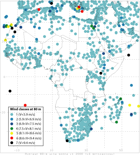 Map of mean 80-m wind speeds for year 2000 Africa