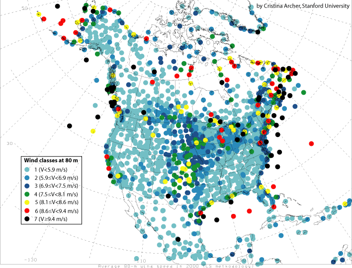 Map of mean 80-m wind speeds for year 2000  north america