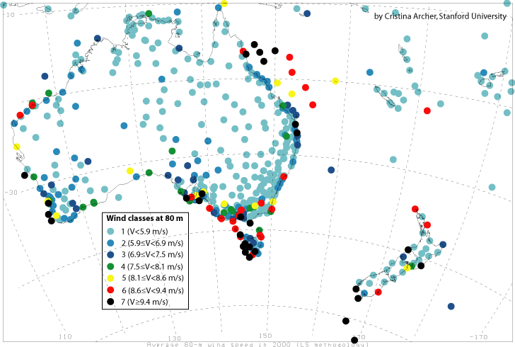 Map of mean 80-m wind speeds for year 2000  oceania