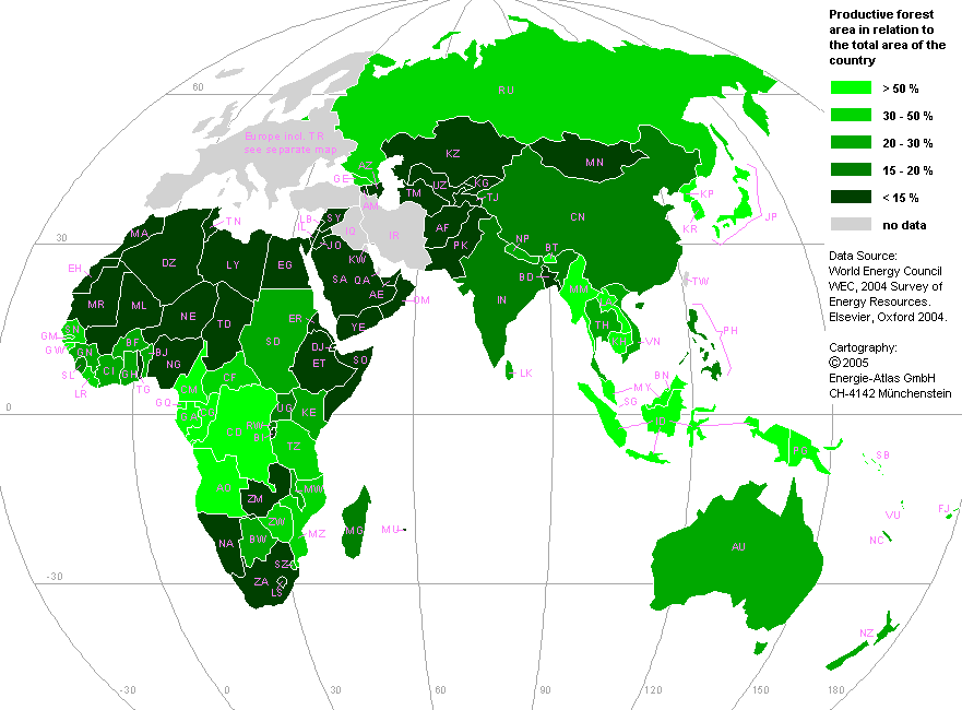 productive forest area europe/ africa/ asia/ oceania