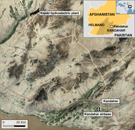 Map showing Kandahar airbase and Kajaki hydroelectric 