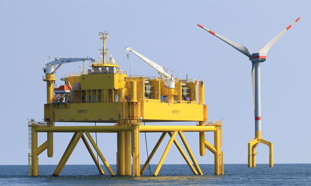Turbine construction is on the rise off Germany’s North Sea coast. The Bard Offshore 1 wind farm will boast 80 turbines. One such turbine is shown here alongside an HVDC converter platform.