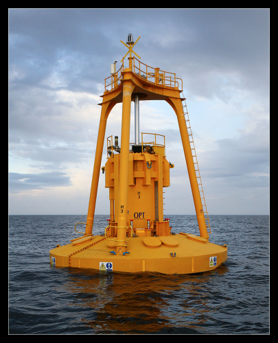Wave power uses special buoys that use the rising and falling of ocean waves to generate electricity. Photo courtesy Ocean Power Technologies, Inc.